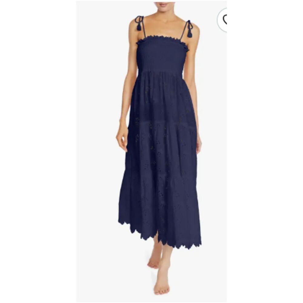 Robin Piccone Daisy Flounce Cotton Eyelet Cover Up Dress Swim Blue Med